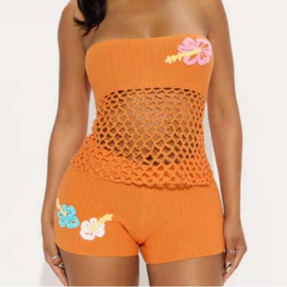 Orange Crochet Tube Top and Shorts Set
